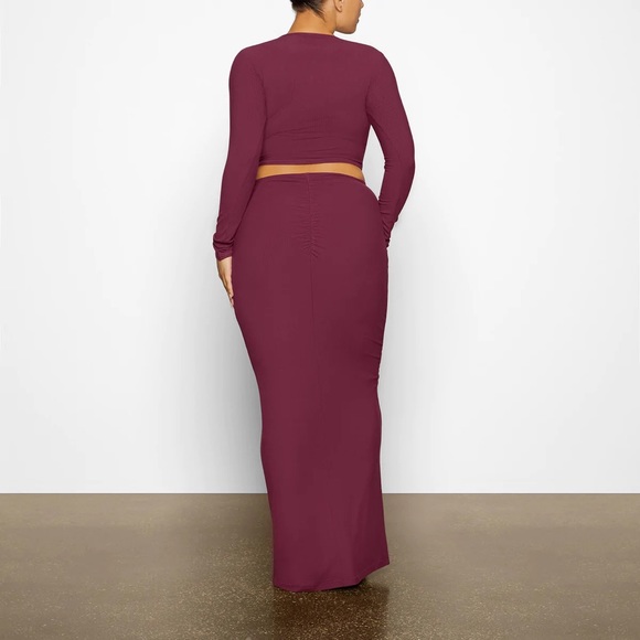 Ready 2 Ship SKIMS Wine Soft Lounger Ruched Skirt & Long Sleeve Set - Picture 2 of 5